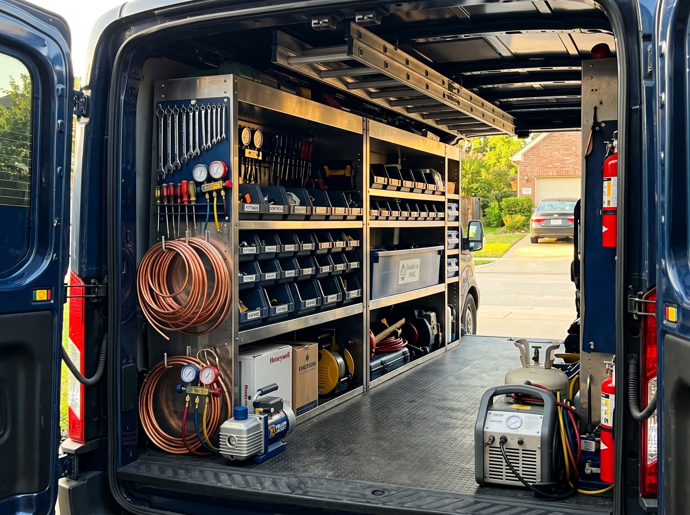 Organized HVAC service van interior with tools and parts