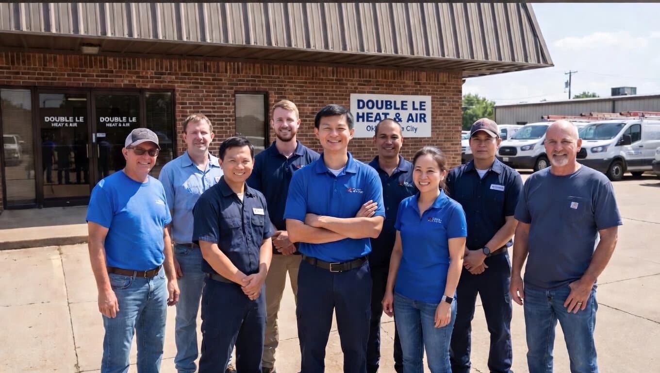 Double Le HVAC team outside the building